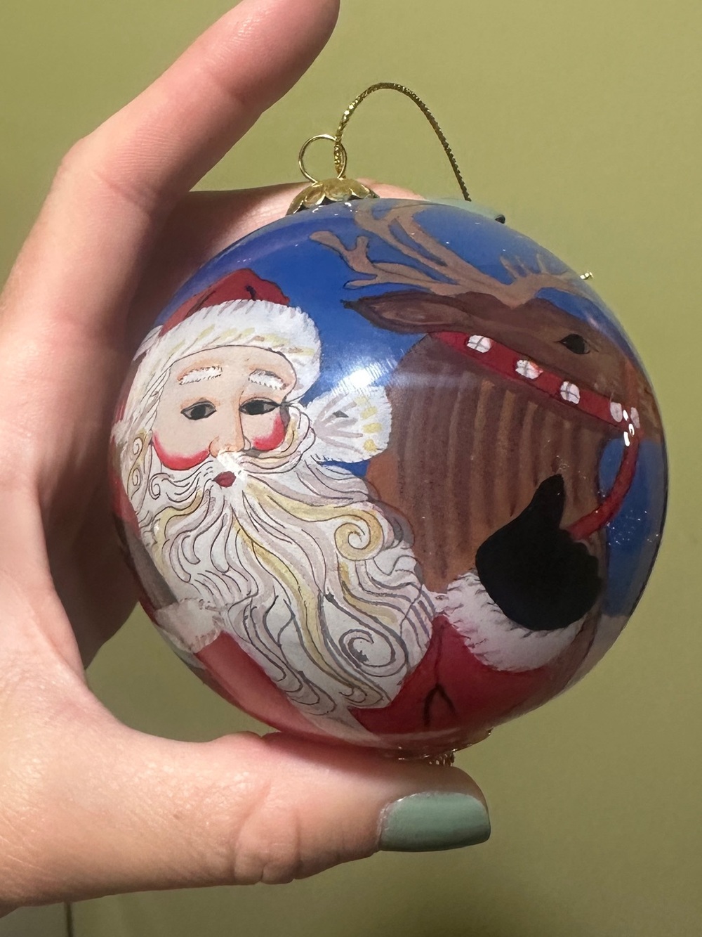 Vintage Hand painted Li Bien Hand-Painted Blue Santa & Reindeer Holiday Ornament